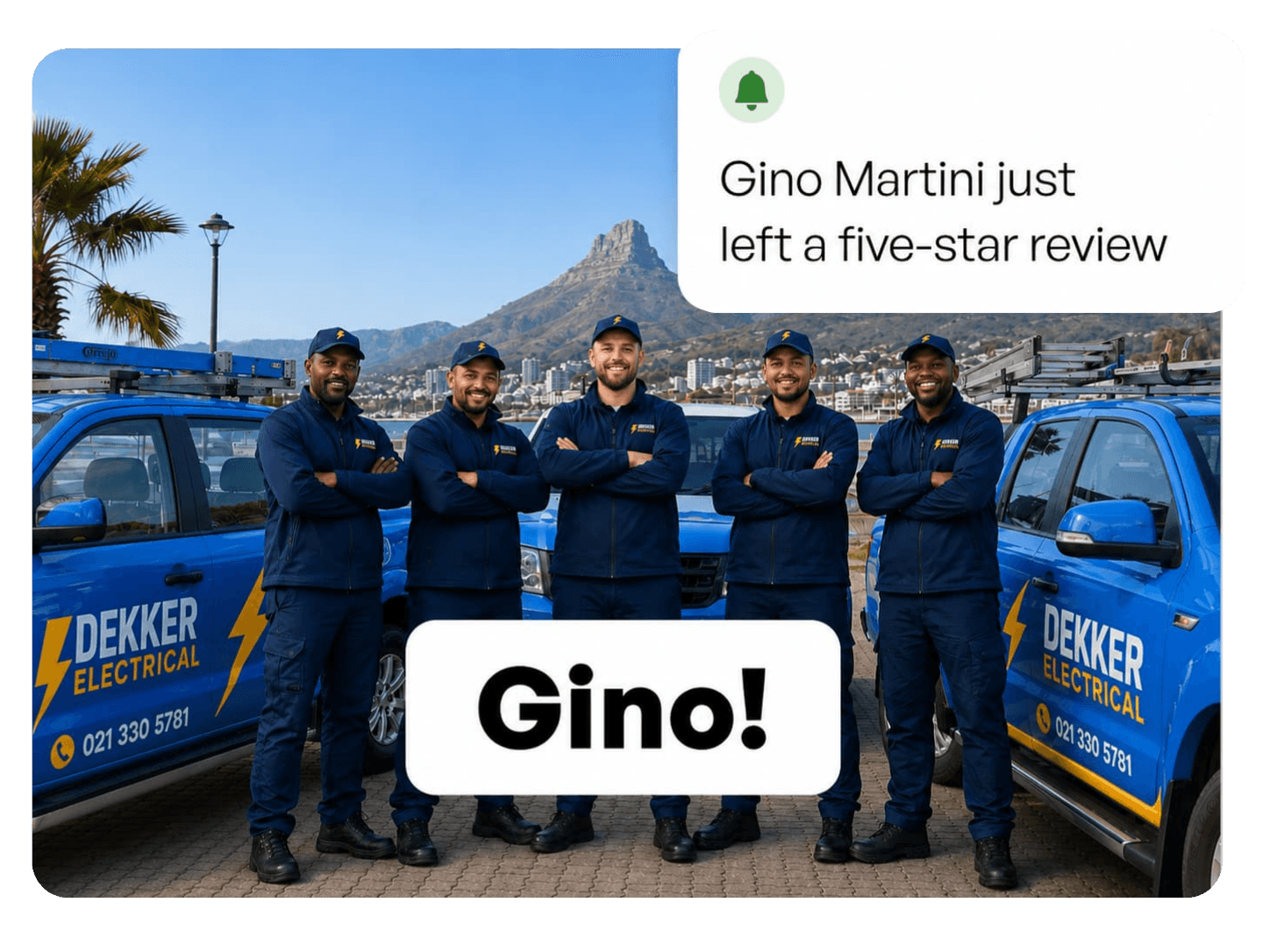 A service team standing in front of their branded vehicles holding a personalised sign with the customer's name, plus a notification that Gino Martini just left a five-star review