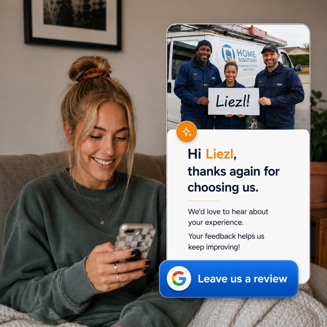 A past customer named Liezl receiving a personalised review request on her phone, featuring a photo of the service team holding a sign with her name