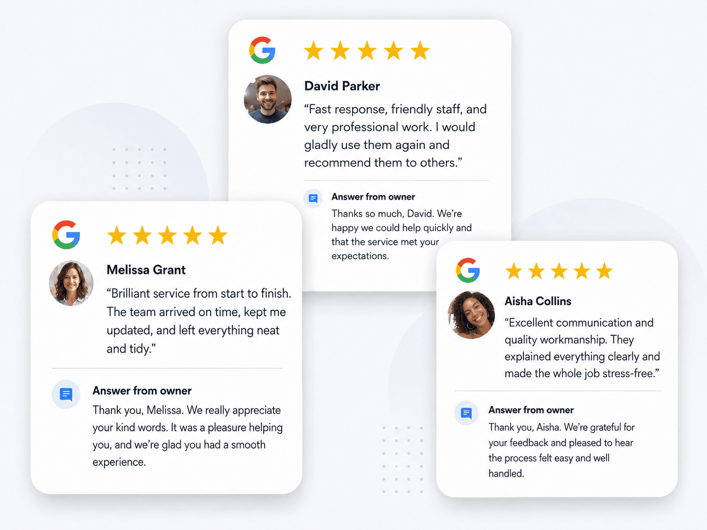 Three five-star Google review cards from real customers, each with a written reply from the business owner