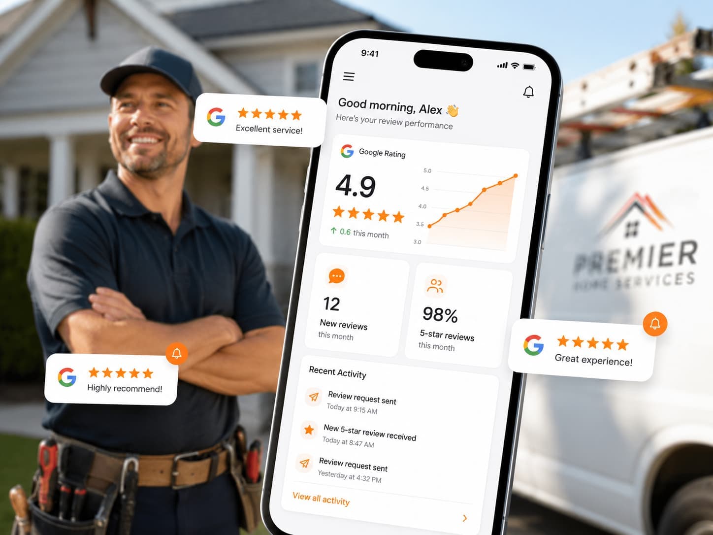 Home service business owner viewing their Google review performance dashboard, showing a 4.9 rating and 12 new reviews this month
